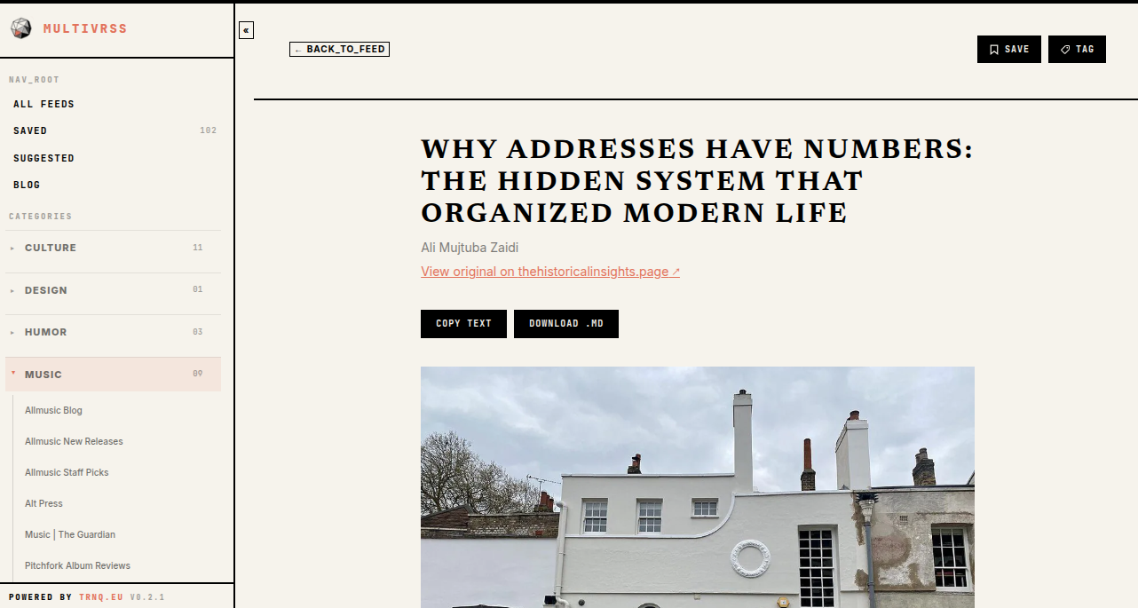 View of an article open in Reader Mode inside MultivRSS