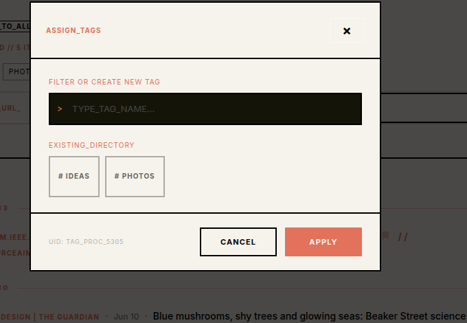Assign tags modal over the saved list
